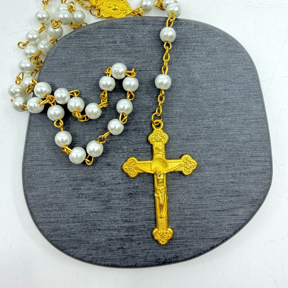 Gold Tone Faux Pearl Rosary Necklace INRI Crucifix Sacred Heart Catholic Prayer